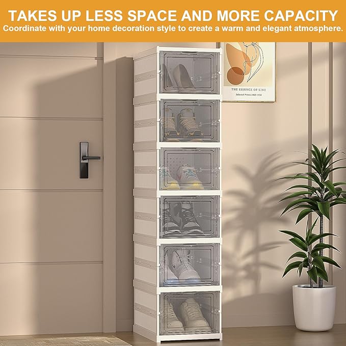 Foldable Shoe Storage Organizer, Stackable Boxes for Closet, Foldable Space-Saving Shoe Rack for Sneaker Boot Container, Acrylic Shoe Cabinet Shoe Box（6 Pack,White