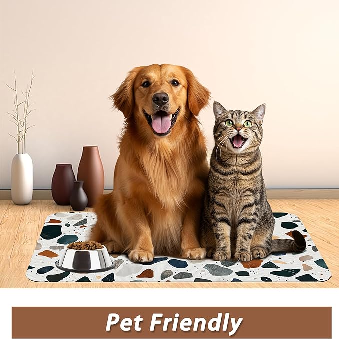 Terrazzo Stone Colorful Dog Cat Food Mat,Absorbent Pet Feeding Mat for Food and Water,Non-Slip Dog Bowl Mats Floor Protector 12"x20"