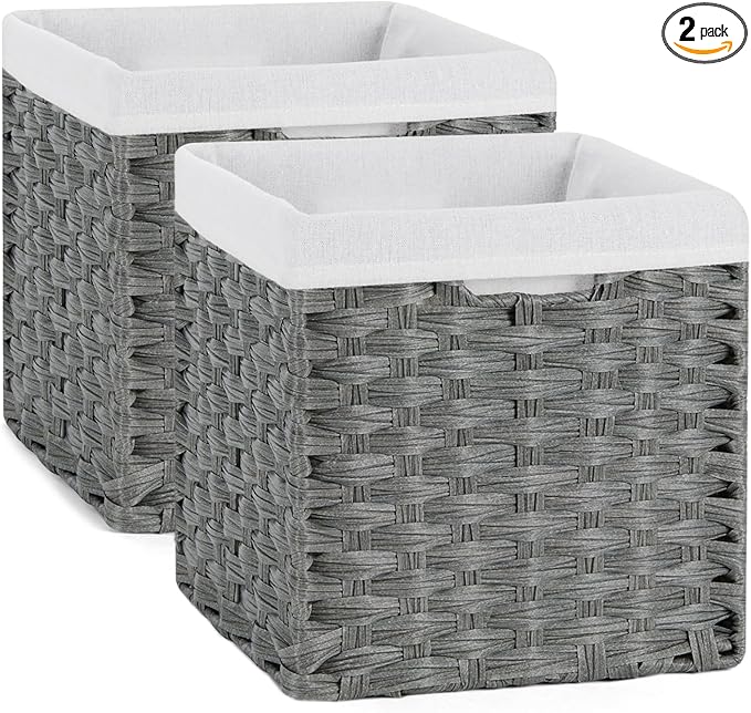 Bidtakay Wicker Baskets for Shelves Waterproof Imitation Wicker Cube Storage Bins with Liners for Organizing Closet Cabinet 11x11 inch Storage Cube Organizer for Pantry-Dark Grey 2-Pack