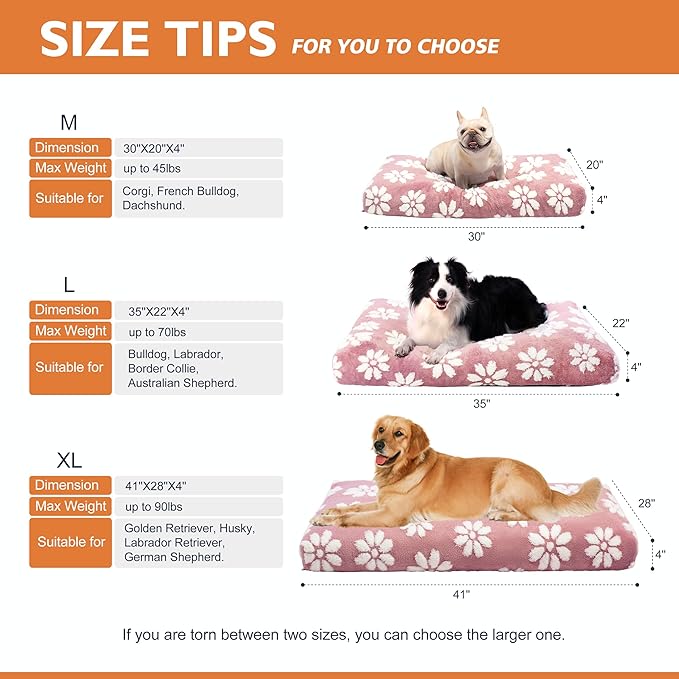 Dog Beds for Extra Large Dogs, Cute Thick Dog Bed for Crate Kennel, Fluffy Pet Bed with Removable Washable Cover and Anti-Slip Bottom, 41"x 28", Pink Flower