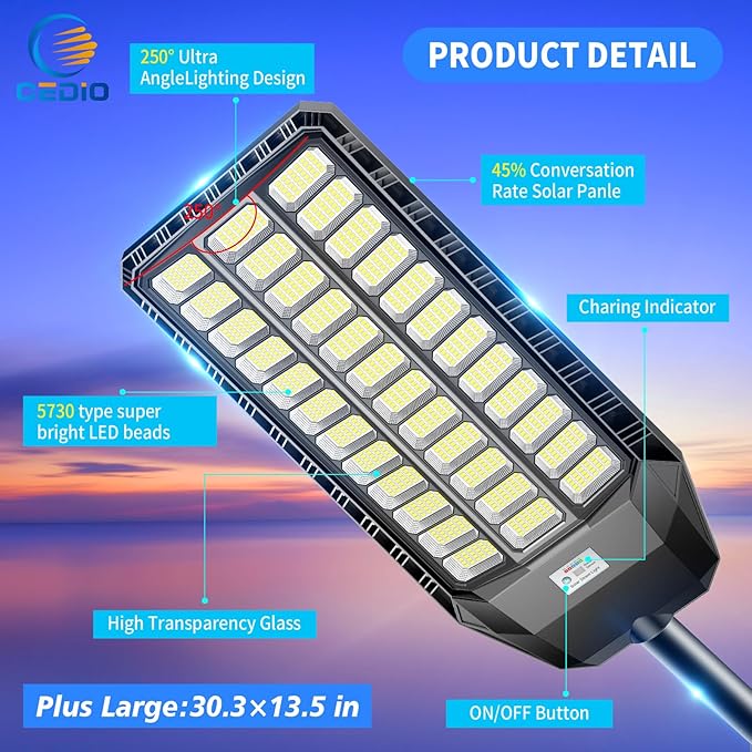 CEDIO Solar Street Light Outdoor, Plus Large Solar Lights IP67 Waterproof, LED Flood Lights Parking Lot Light Outdoor Motion Sensor with Remote Control (9500W-2PACK)