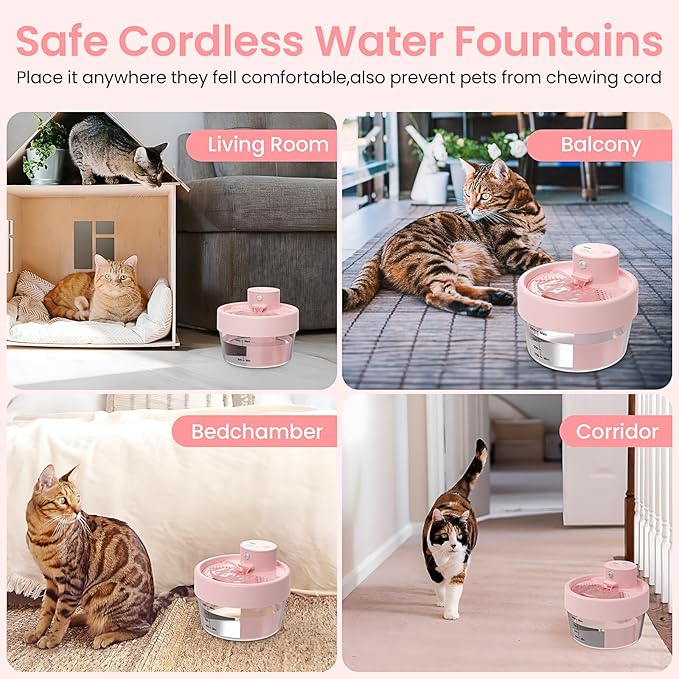 MASBRILL Cat Water Fountain, 1L Wireless Water Fountains for Cats Indoor - Battery Operated Cat Fountains for Drinking with Filter/Motion Sensor/Silent Pump