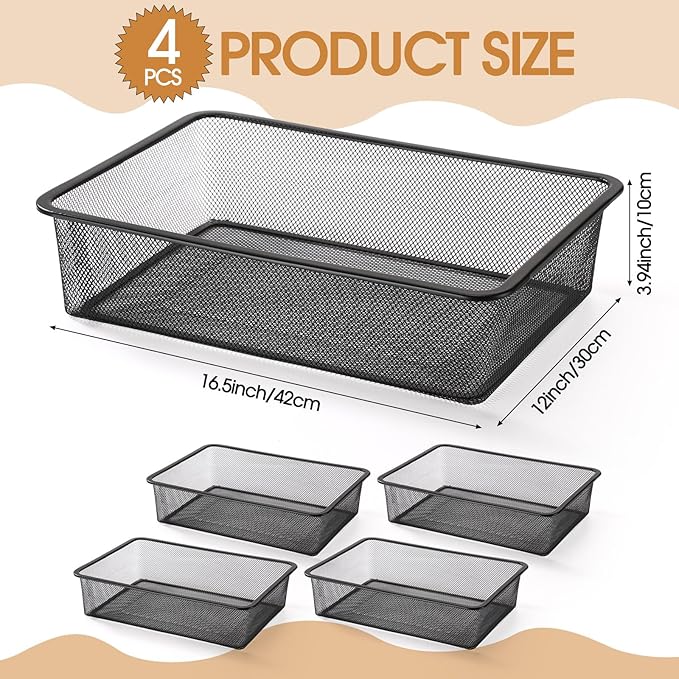 4 Pcs Metal Wire Basket Metal Mesh Basket Pantry Organizers Bin Containers for Home Organizing Cabinet Pantry Closet Kitchen Fridge Fruit Makeup Snacks Gifts(Black,Large)