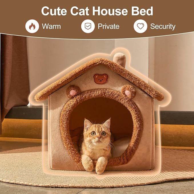 JIUPETY Dog House Dog Bed with Cover Cave with Non-Slip Bottom, M Size Tent Bed for 6-11 Lb Dogs and 9-17 Lb Cats, Brown