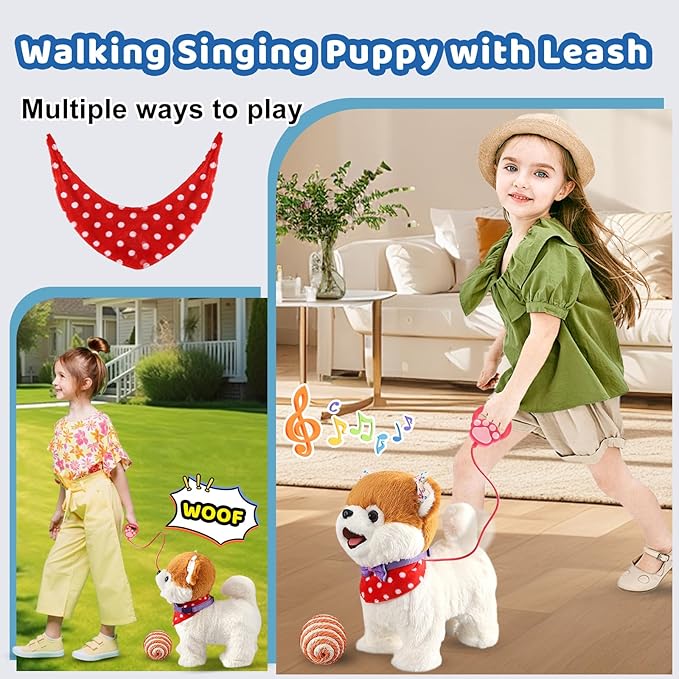 Pomeranian Walking Dog Toy for Girl Licking Barking Dog with Control Leash, Interactive Repeat What You Say, Talking Singing Robot Tail Wag Electric Pretend Dress Up for Kid