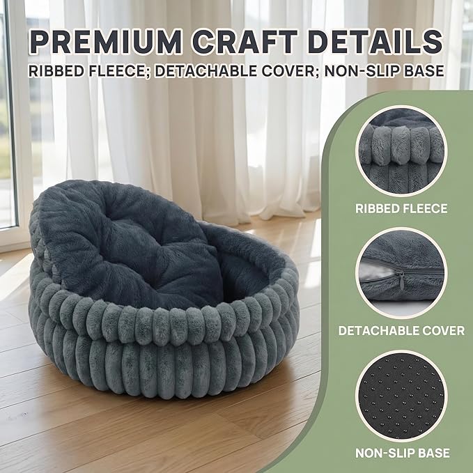 Calming Dog beds for Small Dogs, Faux Rabbit Fur Round Anti-Anxiety Pet Bed for Kittens & Puppies, Fluffy Puppy Bed with Washable Cushion & Detachable Cover, 20"