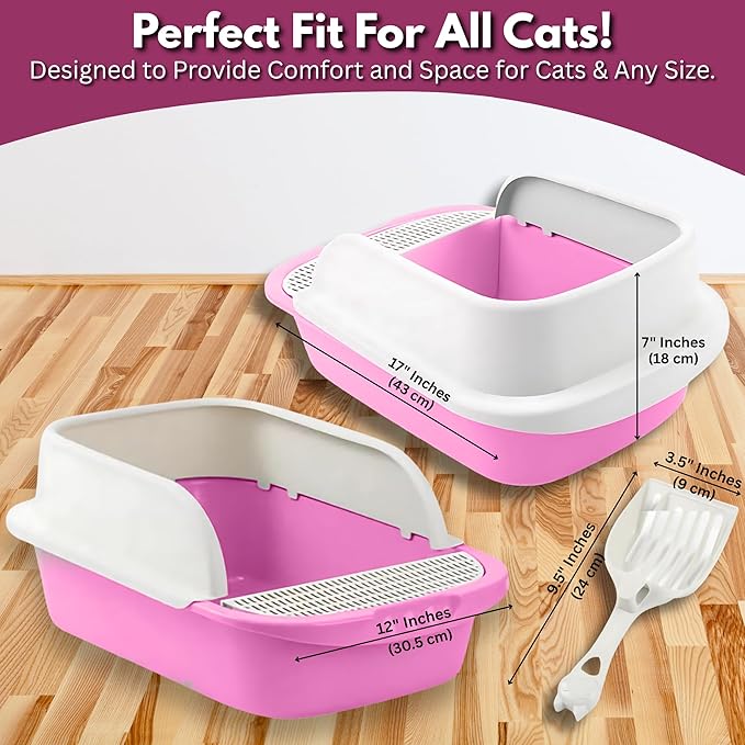Large Open-Top Cat Litter Box with High Sides, Enclosed Scatter Shield Design, Easy Clean Plastic Litter Pan, Includes Scoop (Pink)