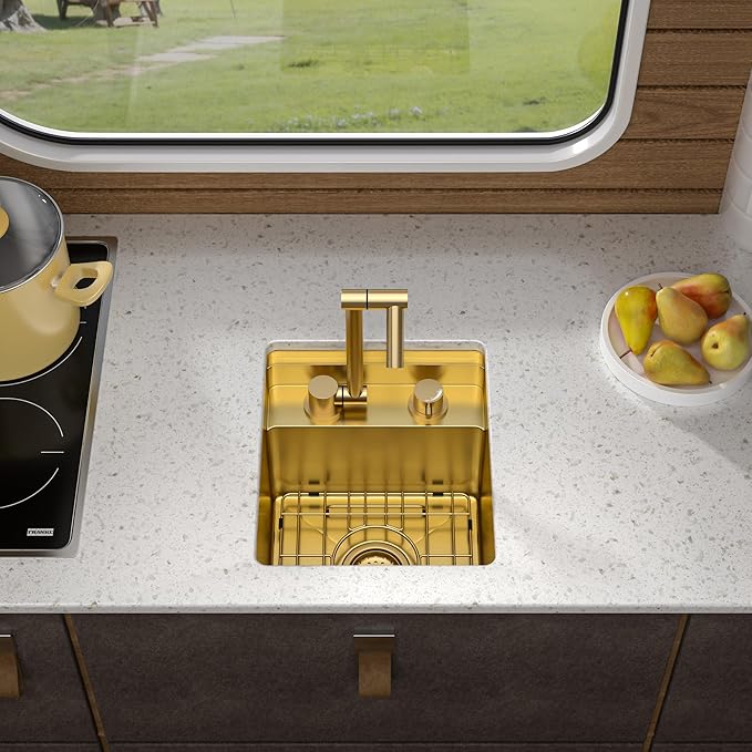 13"x15" Small RV Kitchen Sink – 16 Gauge 304 Stainless Steel Brushed Gold NANO-PVD Undermount Single Bowl Sink with Foldable Faucet, for RV, Camper, Mobile Home, Wet Bar