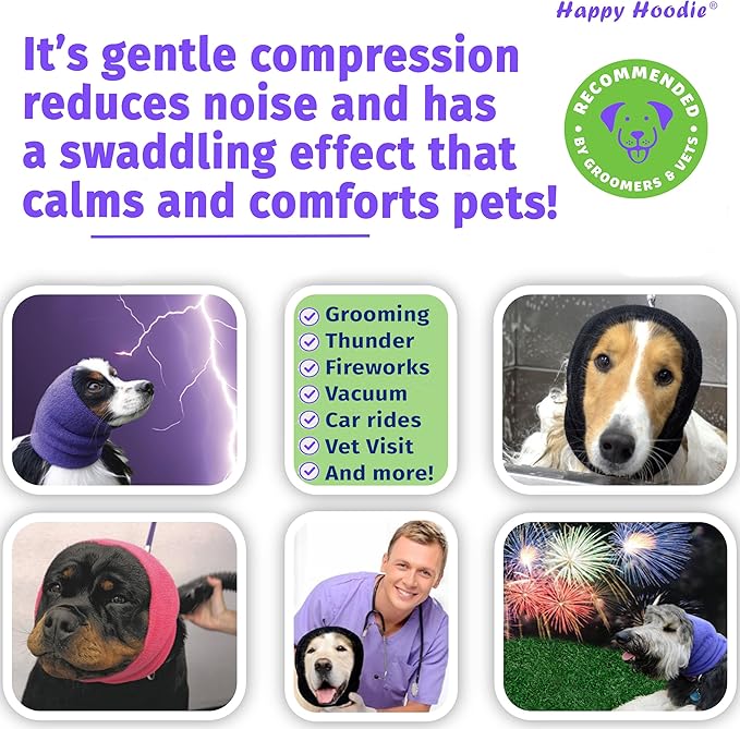 Happy Hoodie The Original Dog & Cat Calming Band - American Brand - Anxiety Relief/Noise Protection-Grooming-Thunder-Fireworks (Small, Black) - Since 2008
