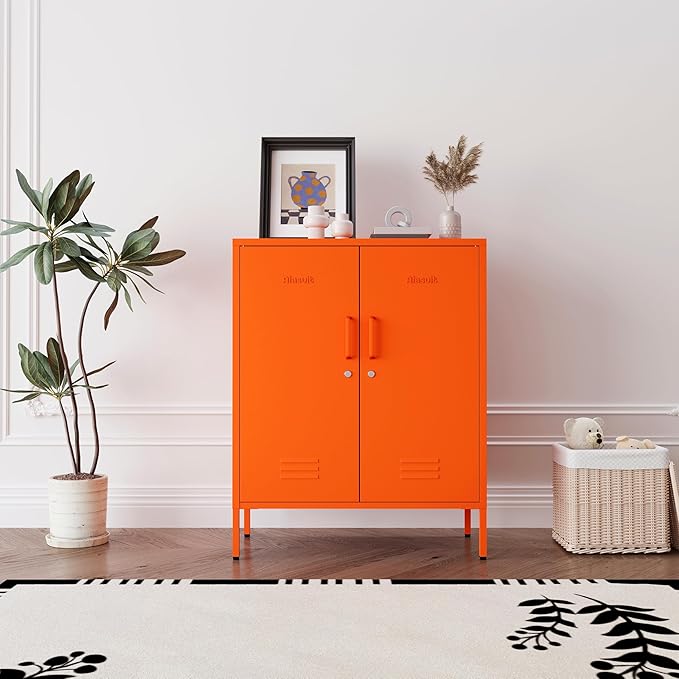 Orange Heavy Duty Metal Storage Cabinet, Multifunctional Lockable Cabinet with 3 Adjustable Shelves, Secure Industrial Organizer for Home Office School, Easy Assembly, 40" H x 31.5" W x 15" D