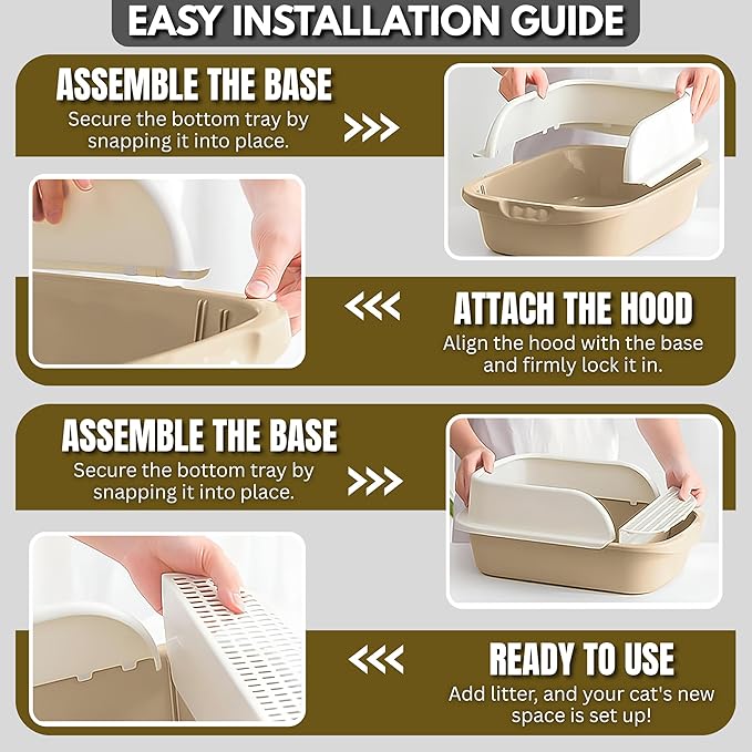 Large Open-Top Cat Litter Box with High Sides, Enclosed Scatter Shield Design, Easy Clean Plastic Litter Pan, Includes Scoop (Pale Beige)
