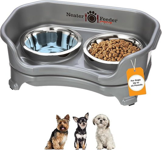 Neater Feeder Express Mess Proof Dog Bowls Elevated for Small Breeds Under 15 Lb, Made in USA, No Spill Raised Dog Food Bowl Stand, Stainless Steel Food and Water Bowl Set, Feeding Station, Grey