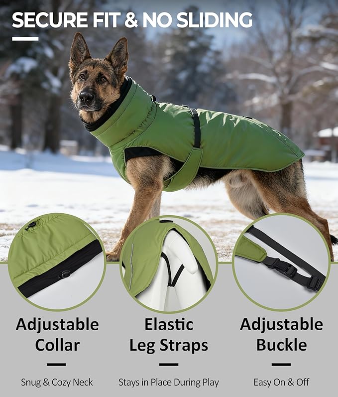 Puffer Dog Winter Coat for Rain and Snow, Water-Repellent and Windproof Jacket Keeps Dogs Warm and Dry, High Collar and Harness Opening Design, Ideal Dog Stocking Stuffer (Green, Medium)