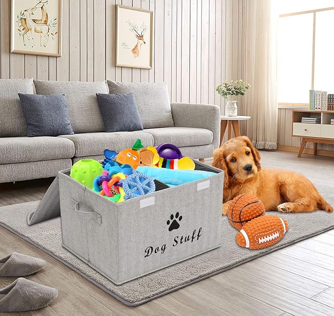 Dog toy box with lid dog storage organizer perfect basket for dog toys living room, playroom, closet, home organization and storage - Gray Stripe