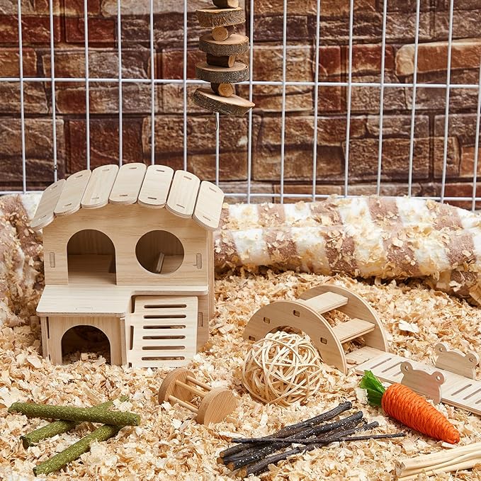 8 Pcs Hamster Cage Accessories Hamster Starter Kit with Maze Wood House, Bridge, Seesaw, Chew Toys Set for Gerbils and Mice Small Animals Habitat Supplies(Fun Villa)