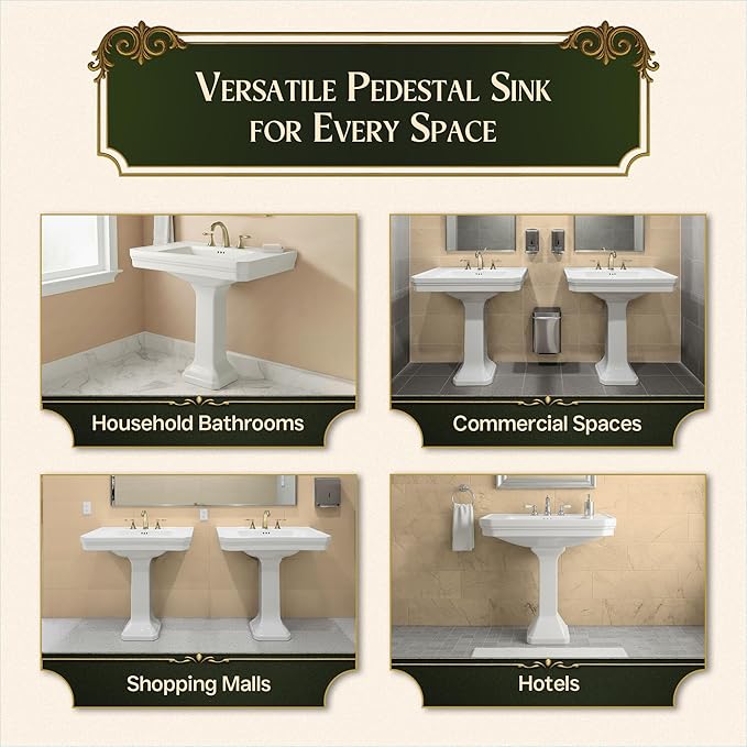 Renovators Supply Victorian 32" W Large Pedestal Bathroom Sink – Heavy-Duty White Porcelain, Pre-Drilled Widespread Faucet Holes, and Overflow