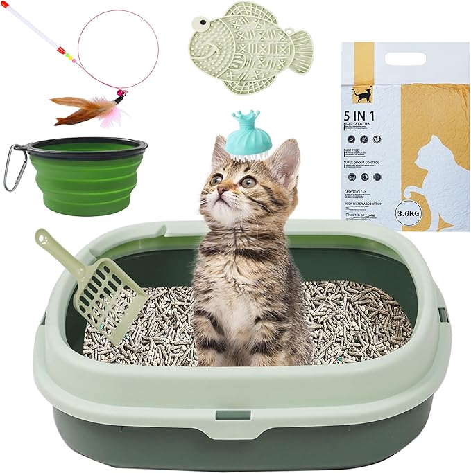 Suhaco Kitten Starter Kit for Indoor Kittens 7 Pcs Litter Box with Cat Litter & Litter Scoop Teaser Wand Licking Mat Bath Brush 7 in 1 Cat Litter Box (Green)