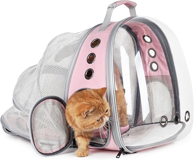 Expandable Bubble Cat Carrier Backpack — Airline Approved, Ventilated, Up to 14lbs (Pink)