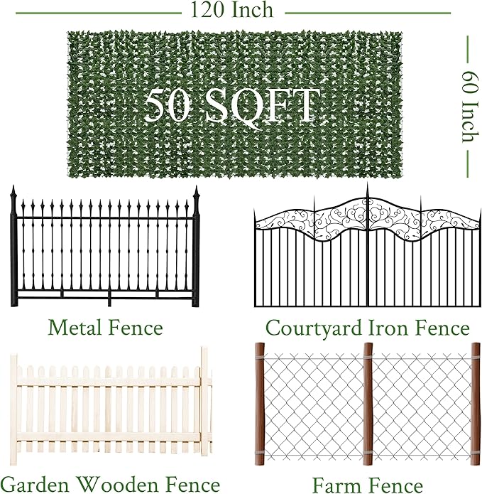Artificial Ivy Privacy Fence Screen: 120 "x 60" (50 Sqft) Anti-Ultraviolet Artificial Hedge Grass Wall, Used for Indoor and Outdoor Green Background, Garden Greening Decoration