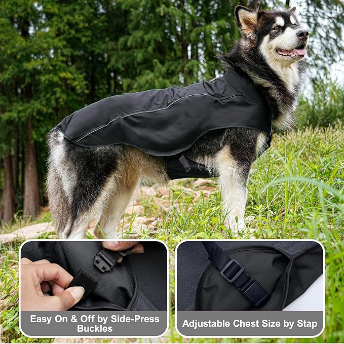 Outdoor Waterproof Dog Jacket for Extra Large Dogs,Doggie Coats with Harness Buitl in D-Ring Warm Fleece Dog Clothes for Cold Winter,Black 4XL