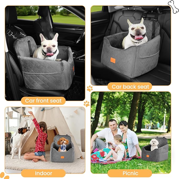 Dog Car Seat for Small Dog, Booster Seat for Dogs Under 30lb, Elevated Pet Seat with Pockets, Anti-Slip Bed for Car, Perfect for Front & Back Seats with Safety Leash (Grey, Medium)