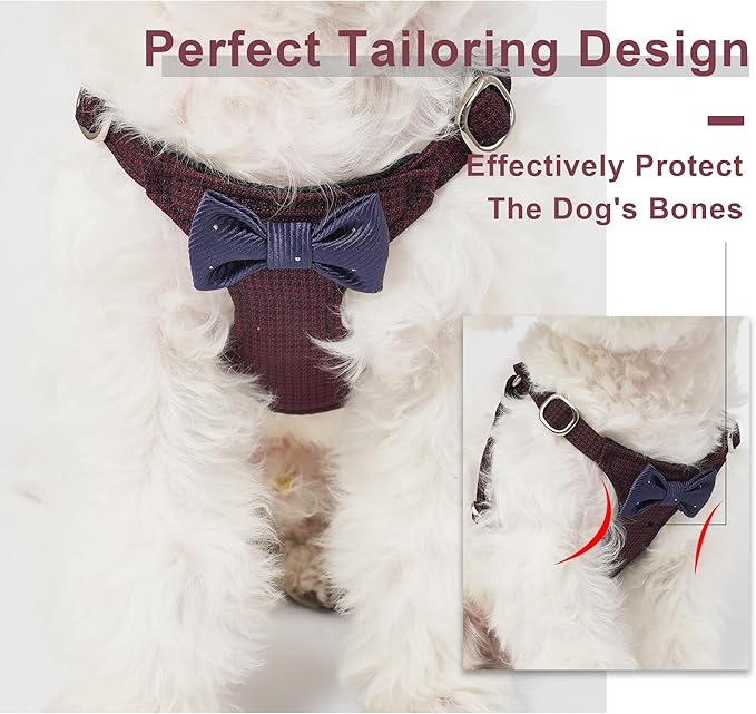 Puppytie No Pull Small Dog Harness with Multifunction Dog Leash,Lightweight Soft Adjustable No Choke Escape Proof Pet Harness Vest Pet Harness Vest,Plaid deep red,S