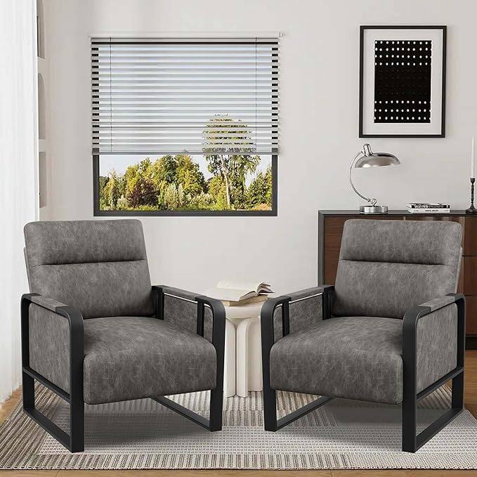 Modern PU Leather Accent Chairs Set of 2 Upholstered Armchairs with Tray Table Leisure Side Chairs for Living Room Bedroom Office Grey