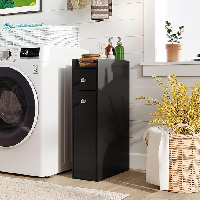 Giantex Slim Bathroom Storage Cabinet, Space-saving Toilet Side Cabinet with Slide-out Drawers on 3 Wheels, Freestanding Narrow Toilet Paper Holder for Living Room, Laundry Room, Compact Space (Black)