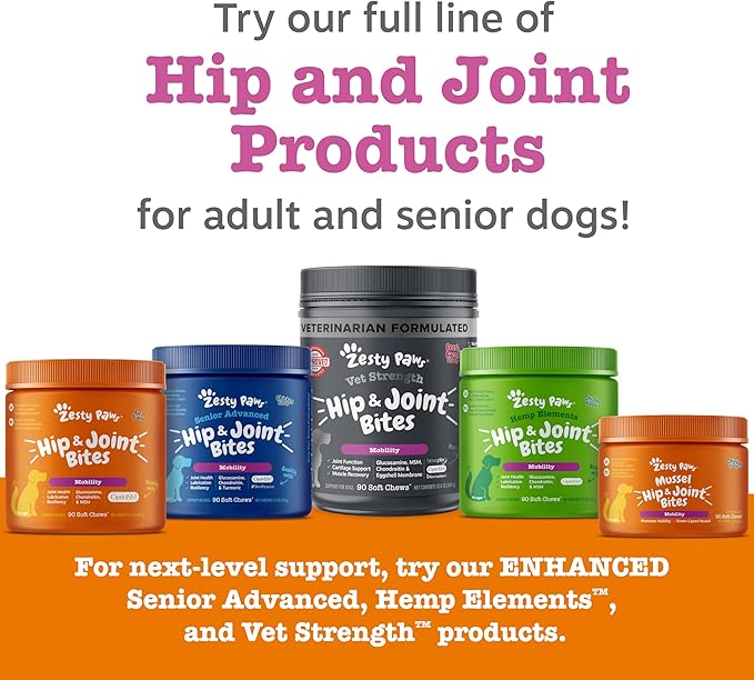 Zesty Paws Hip and Joint for Dogs, Glucosamine for Dogs Hip and Joint Supplement with Chondroitin, MSM, Vitamins C & E - Duck, 250 Count