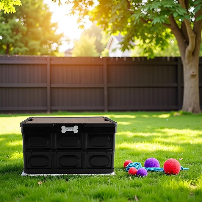 Morezi Outdoor dog toy bin chew proof box storage in plastic foldable designed dog stuff organizer great for pet food organizing toys leashes clothing in outside black