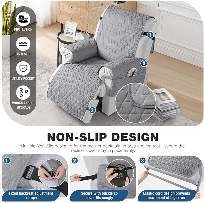 TAOCOCO 100% Waterproof Recliner Cover - Recliner Cover with Non-Slip Granule, Recliner Chair Covers with Elastic Band, Recliner Chair Covers for Reclining Chair(Light Grey, Oversized-30'')