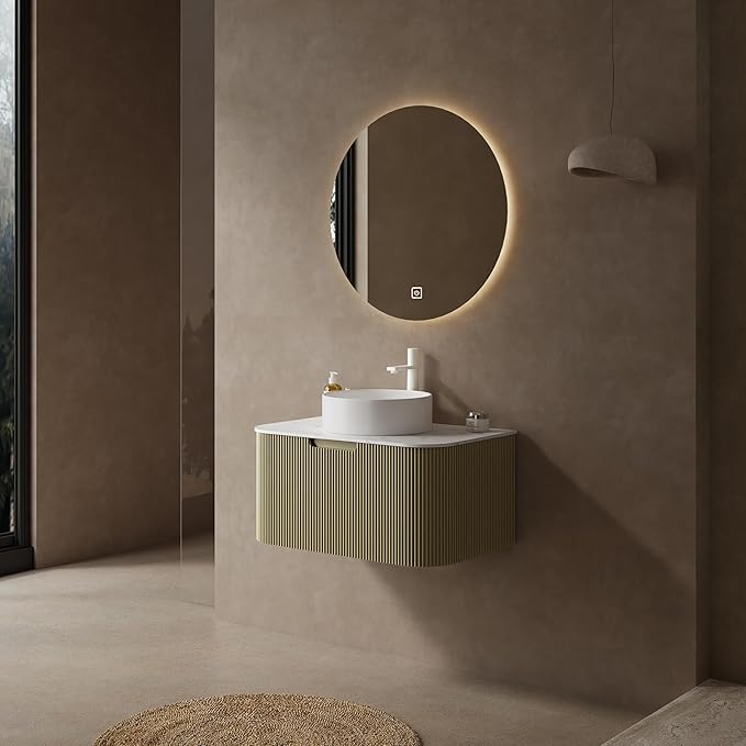 KEIKI 30" Bathroom Vanity Cabinet with Sink Combo, Wall Mounted Curved Edges Striped Floating Bathroom Vanity with Soft-Close Drawer, White Round Ceramic Basin Without Faucet, Light Green