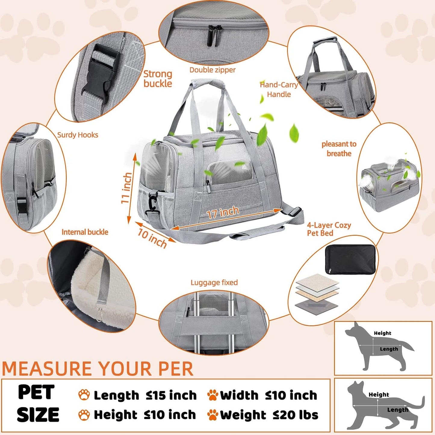 Soft Pet Carrier Bag for Cats and Dogs, Up to 20 lb