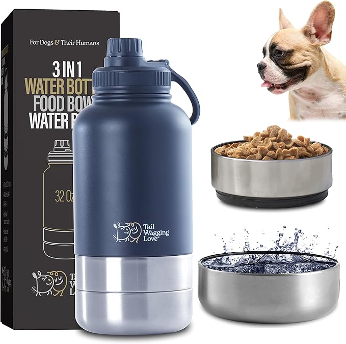 32oz 3-in-1 Portable Dog Travel Water Bottle, Food & Hydration Bottle - Dual Use for Humans & Pets with Detachable Bowls, Stainless Steel, Keeps Water Hot for 6hrs & Cold for 12hrs