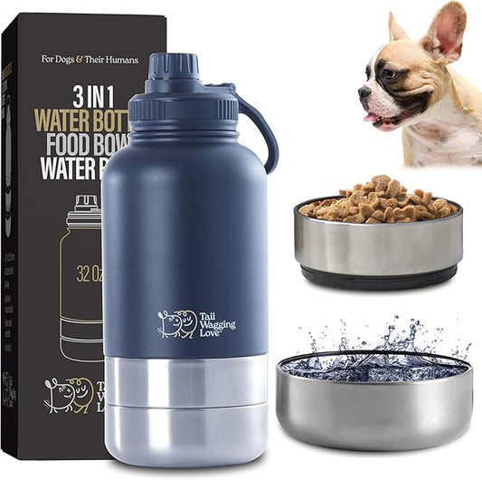 32oz 3-in-1 Portable Dog Travel Water Bottle, Food & Hydration Bottle - Dual Use for Humans & Pets with Detachable Bowls, Stainless Steel, Keeps Water Hot for 6hrs & Cold for 12hrs