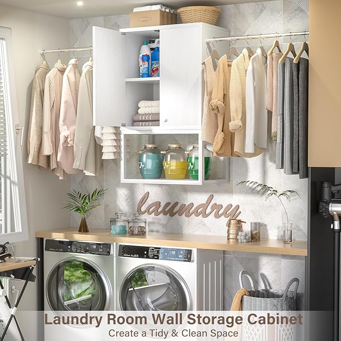 Homieasy Wall Cabinet with 2 Hanging Rods, 67'' Wide Laundry Wall Cabinet with 2 Doors, Open Rack & Adjustable Inner Shelf, Storage Cabinet Wall Mounted for Laundry & Bathroom, White