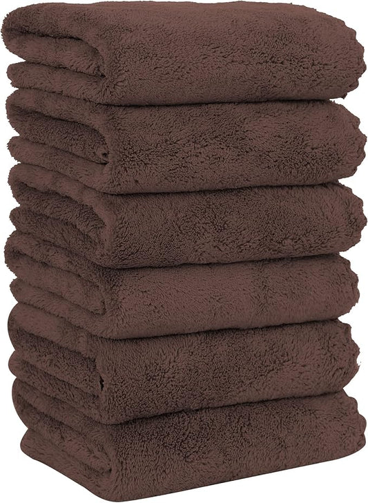 MOONQUEEN 6 Pack Premium Hand Towels - Quick Drying - Microfiber Coral Velvet Highly Absorbent Towels - Multipurpose Use as Hotel, Bathroom, Shower, Spa, Hand Towel 16 x 28 inches (Wood Brown)