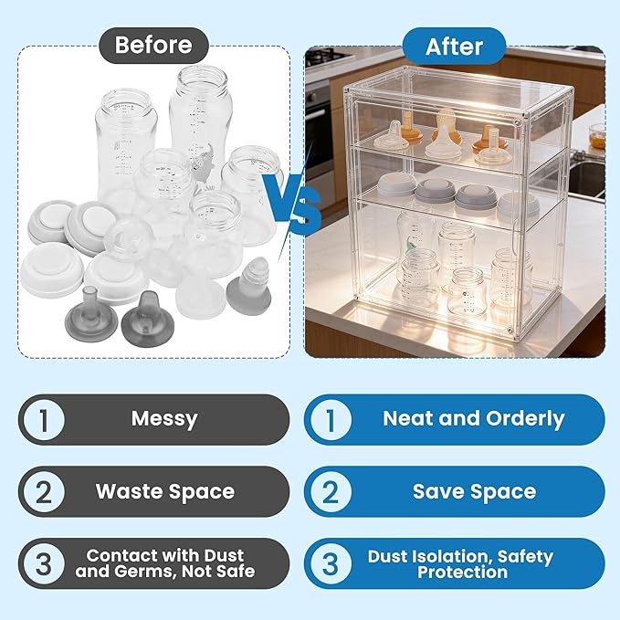 Baby Bottle Storage Organizer - 3 Tier Acrylic Storage Containers with 2 Removable Dividers, Clear Adjustable Baby Bottle Station Organizer for Countertop Cabinet, BPA-Free (3 Layer, Clear)