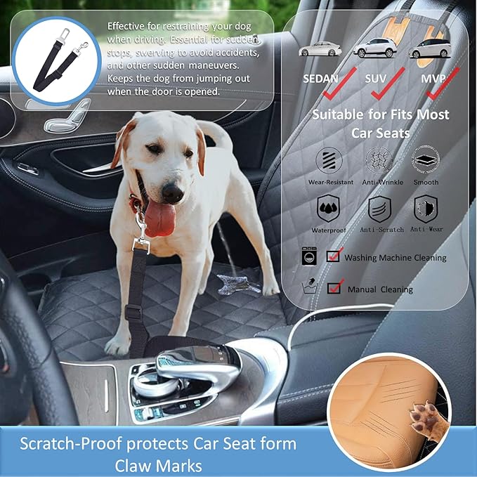 Dog Car Seat Cover for Front Seat, Scratchproof Car Seat Cover for Dogs, 100% Waterproof,with Dog Harness, Anti-Slip, Wear Resistance Fit for Cars, Trucks, SUVs, Jeeps. (Color : Black)