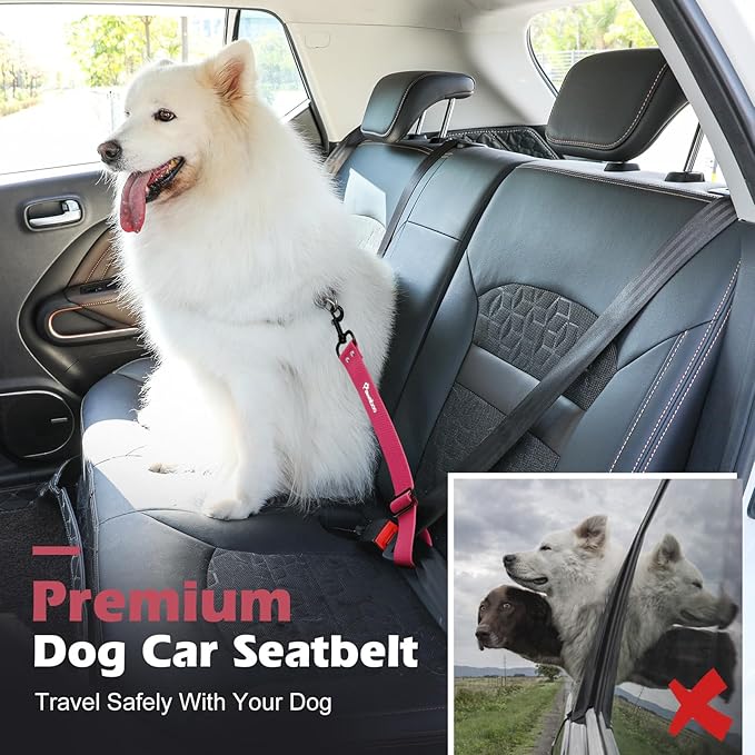 Pawaboo Dog Car Seatbelt, Universal Pet Safety Belt, Chew-Proof Dog Car Restraint with Adjustable Strap, Nylon Woven Belt & PVC Shell Dog Seatbelt, Dog Leash with 360° Hook,20 in, 2 Pack, Pink + Black