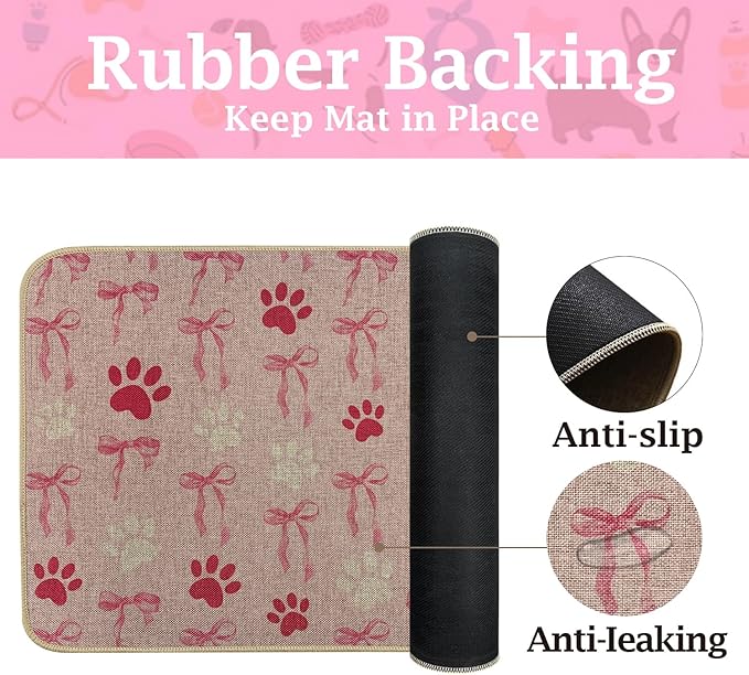 SHIYUE Dog Food Mats for Floors, Absorbent Cat Bowl for Food and Water, Non-Slip Accessories Pet Supplies(17"x30",Pink Bow Footprint)