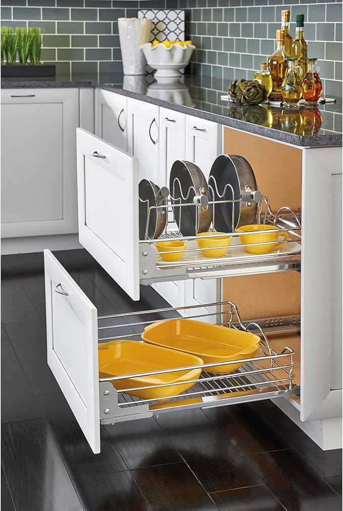 Rev-A-Shelf Single Steel Pullout Organizer for Base Kitchen/Bathroom Cabinets, Wire Storage Basket w/Soft-Close, Chrome, 20.5 x 21.74 In, 5730-21CR