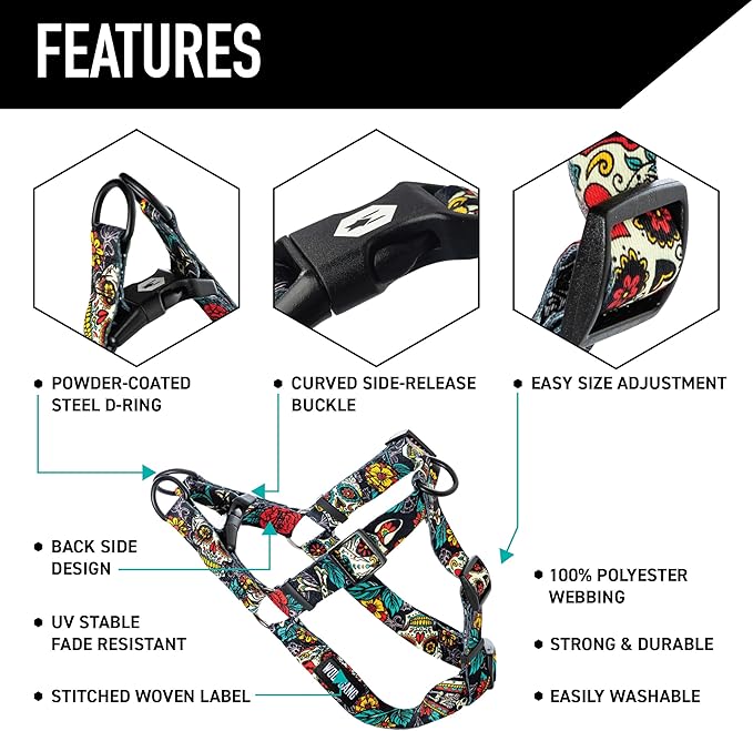 Wolfgang Heavy Duty Adjustable Dog Harness, Pull-Tested to Over 800 lbs for Walking & Training, LosMuertos Print, Extra Large