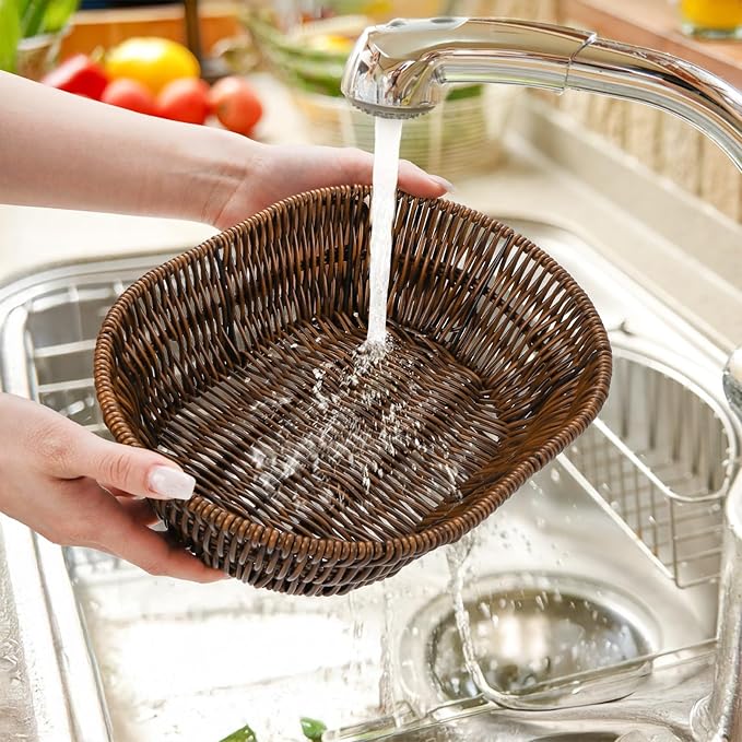 3 Pack Wicker Bread Basket, 11 Inch Woven Oval Food Baskets for Serving, Tabletop Stackable Pantry Organizer Bin for Home Kitchen, Restaurant, Bakery, Fruit Vegetable Storage, Brown