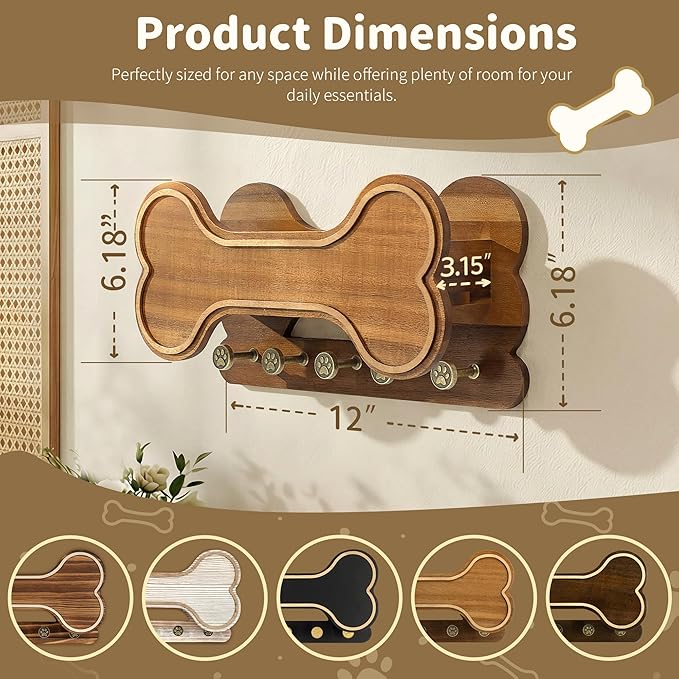 MTERSN Decorative Dog Leash Holder for Wall - Bone Key Holder Wall Mount with 5 3D Puppy Paw Hooks & Hanging Shelf for Dog Lover - Cute Stuff for Puppy Essentials (Acacia)