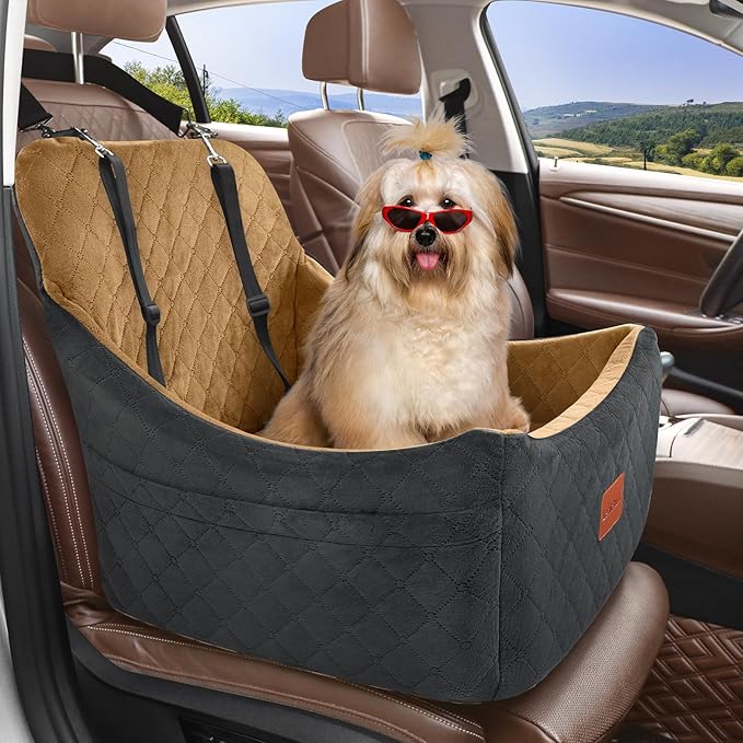 Dog Booster Car Seat for Medium Dogs Up to 40lbs Pets,Easy to Install,Fully Detachable and Washable,Anti-Slip Base,Snug Puppy Car Seat with 2 Clip-On Leashes(Black/Coffee,Medium)