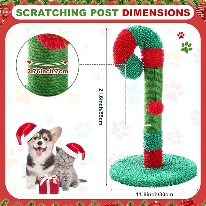 Christmas Cat Scratching Post 21.6" Candy Cane Holiday Scratch Post Small Natural Sisal Cat Scratcher for Indoor Cats and Kittens