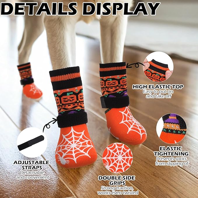 EXPAWLORER Halloween Anti Slip Dog Socks to Prevent Licking Paws, Boots & Paw Protectors with Spider Web Grippers,Doggie Booties for Hardwood Floors for Small Medium Large Senior Dogs Orange Pumpkin L