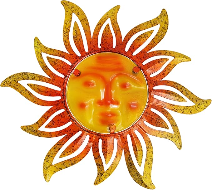 Metal Sun Wall Art Decor,12 Inch Retro Hanging Decor With Glass,Sun Face Outdoor Indoor Wall Decorations For Patio Yard Garden Fence Living Room Bedroom