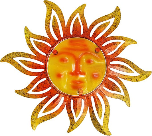 Metal Sun Wall Art Decor,12 Inch Retro Hanging Decor With Glass,Sun Face Outdoor Indoor Wall Decorations For Patio Yard Garden Fence Living Room Bedroom